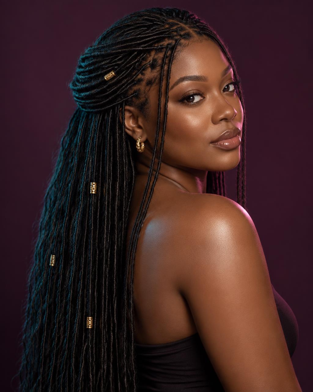 Woman wearing long micro locs with gold accents against a plum background